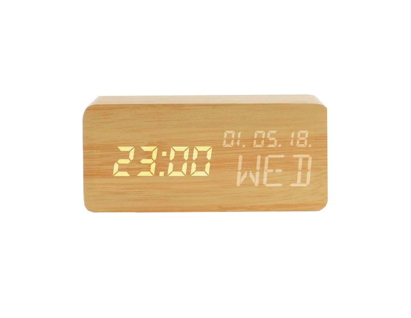 Wood Alarm Clock Voice Command Digital Clocks LED Wooden Clock Small Alarm Clocks 3 Levels Brightness 3 Alarms Desk Clock Show Time Date Week Temperature