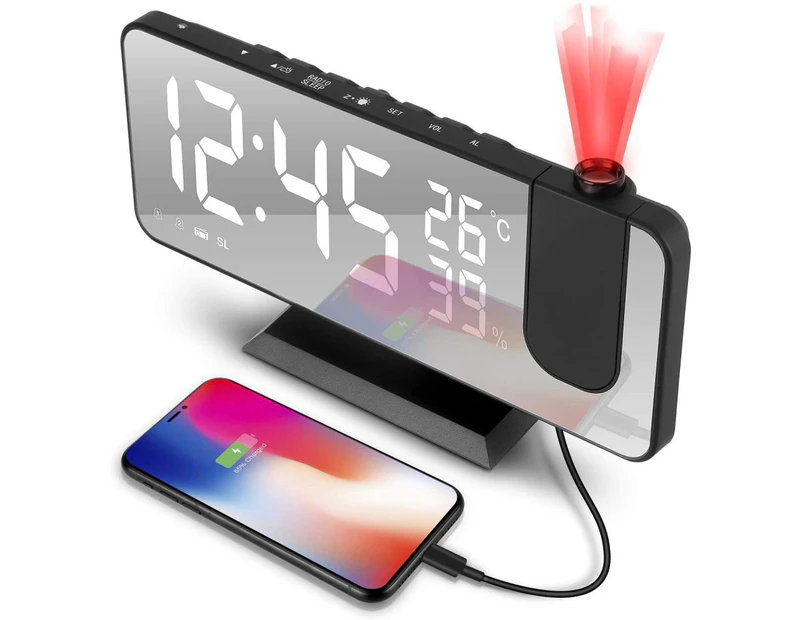 Projection alarm clock, digital alarm clock with projection, radio alarm clock with USB connection, large LED display, Snooze dual alarm