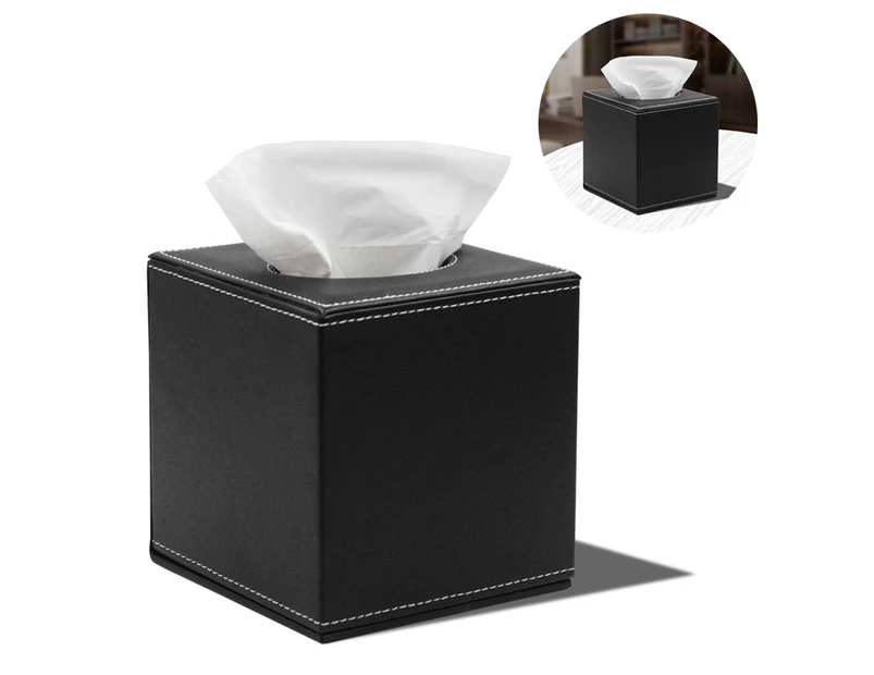 PU Leather Tissue Box Holder, Square Napkin Holder Pumping Paper Case-Black