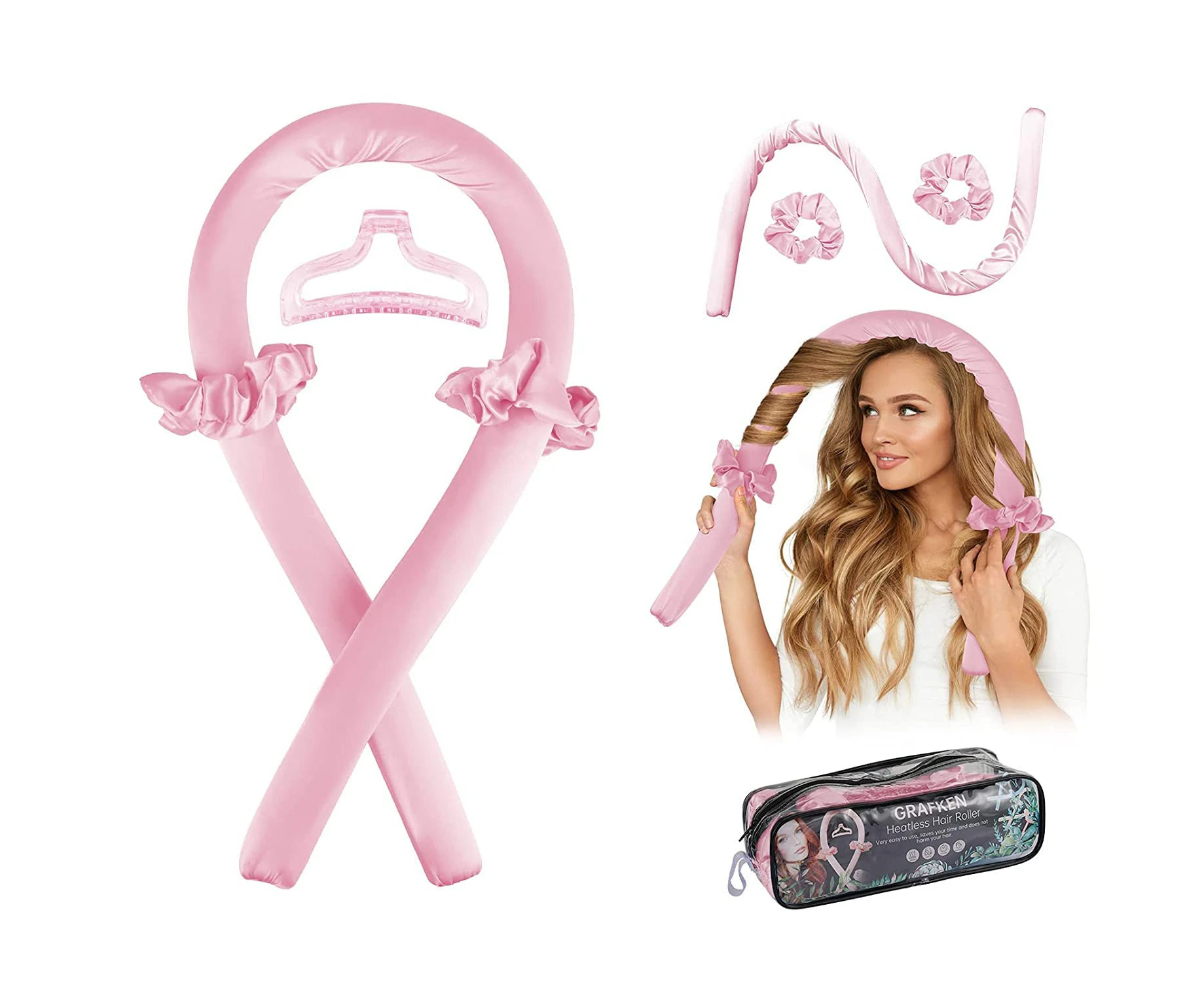 Heatless Curling Rod Headband, No Heat silk curlers hair rollers for long hair and you can sleep in soft foam hair curlers curling rods overnight - Pink