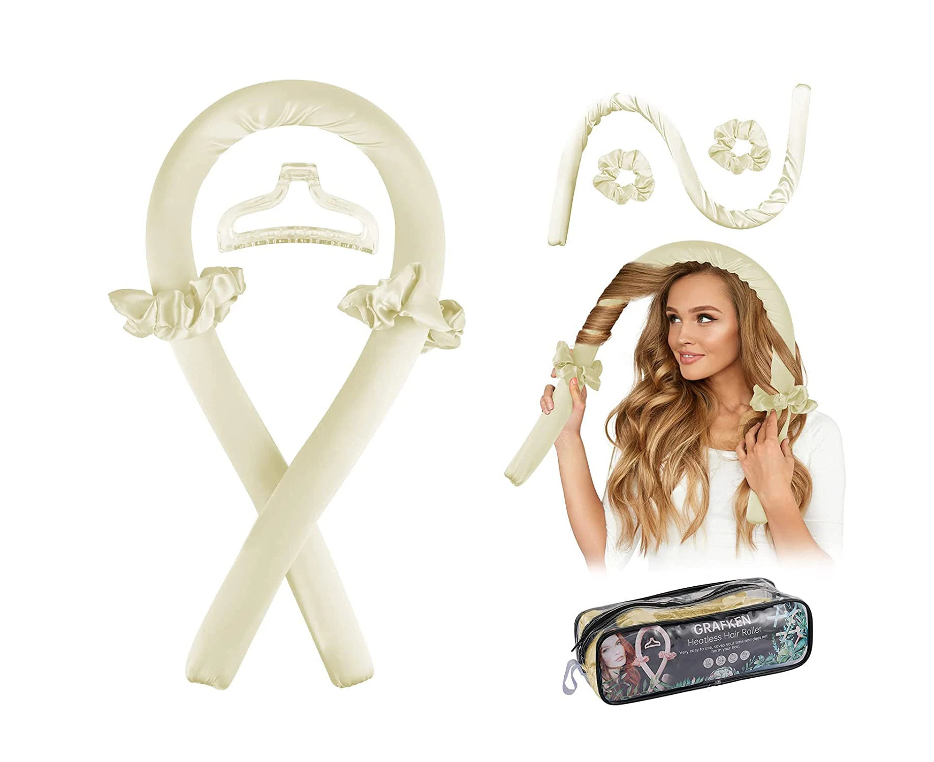 Heatless Curling Rod Headband, No Heat silk curlers hair rollers for long hair and you can sleep in soft foam hair curlers curling rods overnight - Gold