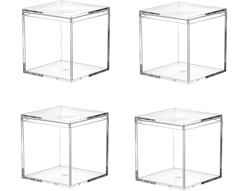 Clear Acrylic Plastic Square Cubes, Set Of 4 Small Plastic Square Cube Containers With Lid Storage Box 2.4 X 2.4 X 2.4 Inch, 160Ml