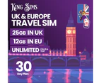 UK & Europe Travel Sim Card | 25GB in UK | 12GB in EU | Unlimited Calls + Unlimited Texts | THREE UK