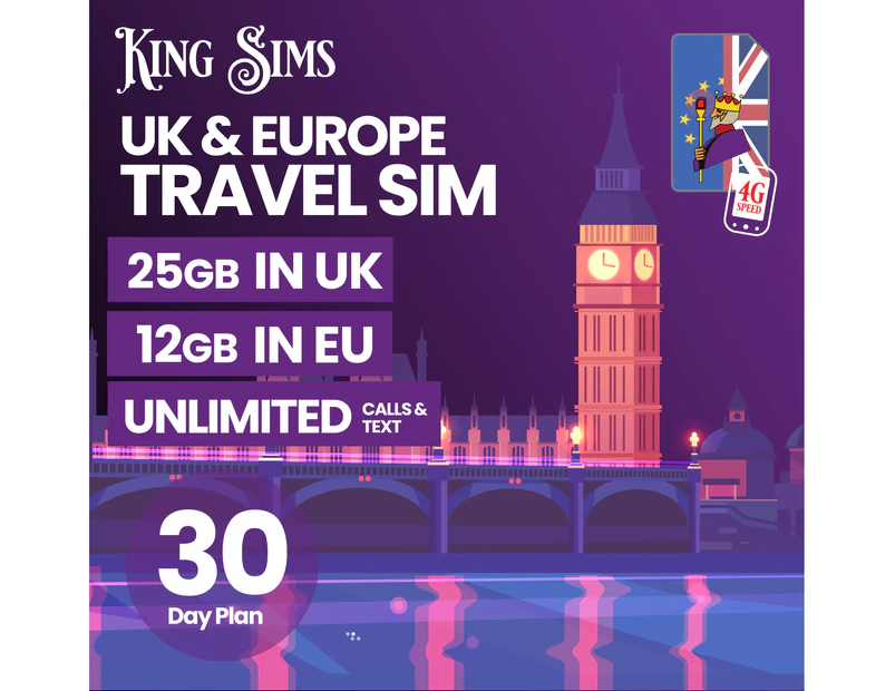 UK & Europe Travel Sim Card | 25GB in UK | 12GB in EU | Unlimited Calls + Unlimited Texts | THREE UK