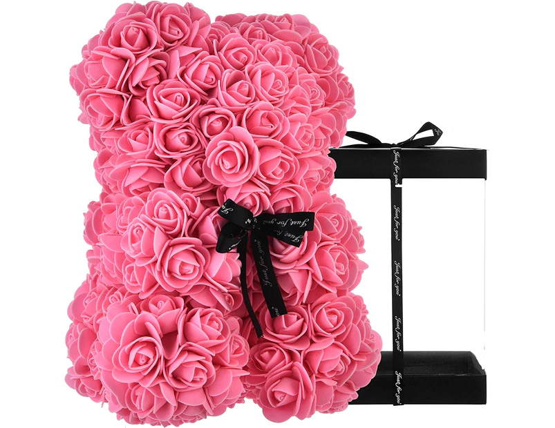 Rose Bear - Medium Pink Rose Teddy Bear 10" - Valentine'S Day, Anniversary And Bridal Shower Clear Gift Box.
