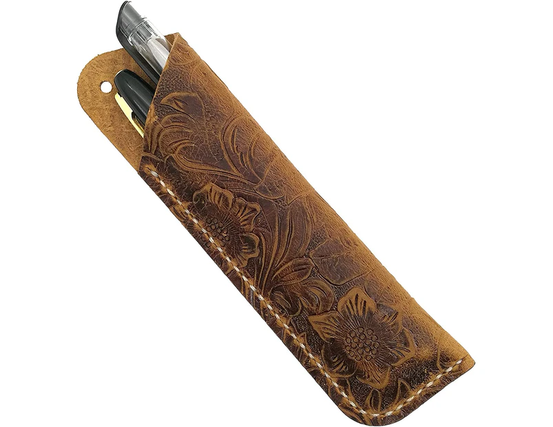 Vintage Handmade Leather Double Pen Case Holder Carved Flower Cowhide Fountain Pen Sleeve Pen Pouch (Brown)