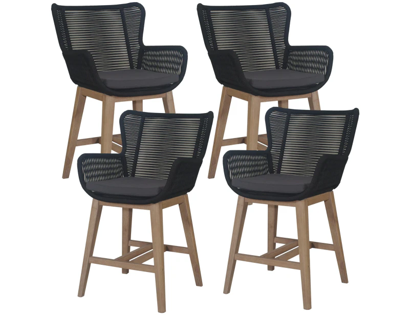 Stud Set of 4 Rope Outdoor Dining High Bar Chair Barstool with Timber Wood Frame