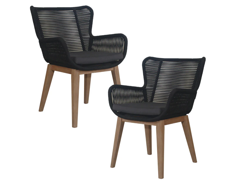 Stud Set of 2 Rope Outdoor Dining Chair with Solid Eucalyptus Timber Wood Frame