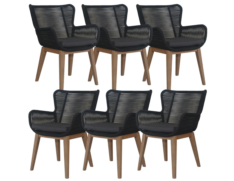 Stud Set of 6 Rope Outdoor Dining Chair with Solid Eucalyptus Timber Wood Frame