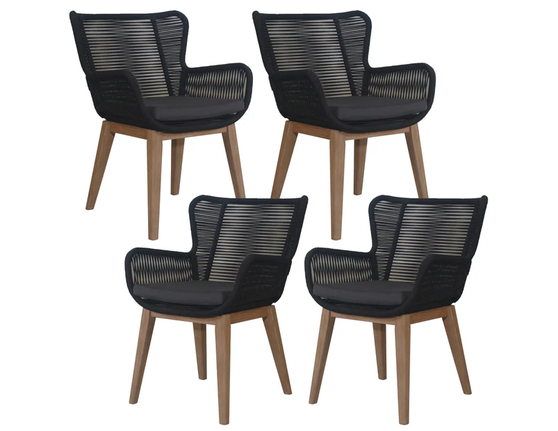 Stud Set of 4 Rope Outdoor Dining Chair with Solid Eucalyptus Timber Wood Frame