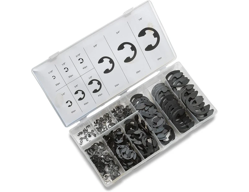 300-Pieces 10 Size Black Alloy Steel E-Clip External Retaining Ring Washer Assortment Set