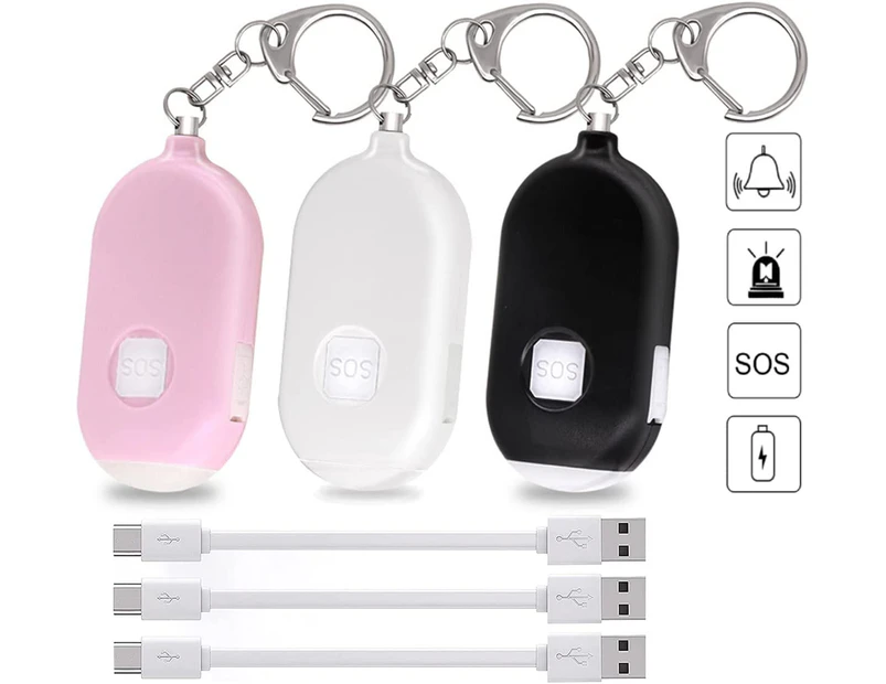 Personal Alarms, 3 Packs Rechargeable Self Defense Security Alarm Keychain With 130 Dbs Anti-Wolf Alarm Flashlight