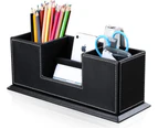Office Supplies Desk Organizer PU Leather Storage Box 4 Divided Compartments for Pen Business Card Remote Cosmetics Holder (Black)