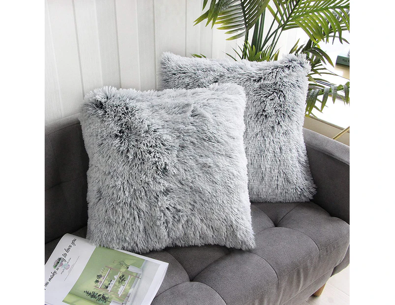 2 Packs Home Decorative Luxury Series Super Soft Faux Fur Throw Pillow Cover Cushion Case for Sofa or Bed Gray Ombre 18x18 Inch 45x45 cm