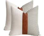 Set of 2 Farmhouse Decor Stripe Patchwork Linen Throw Pillow Covers,Modern Tan Faux Leather Accent Pillow Covers 18x18 inch
