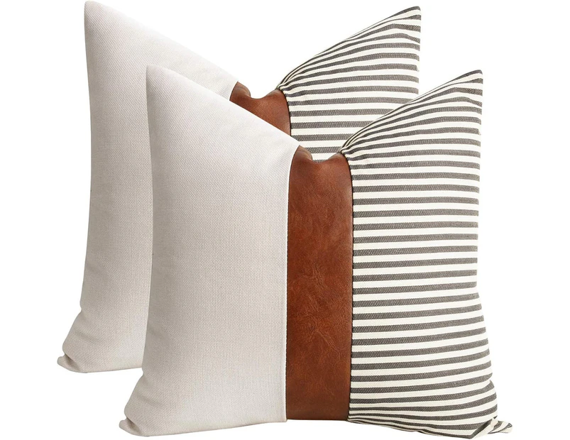 Set of 2 Farmhouse Decor Stripe Patchwork Linen Throw Pillow Covers,Modern Tan Faux Leather Accent Pillow Covers 18x18 inch