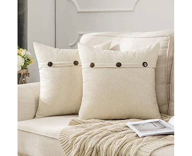 Set of 2 Decorative Linen Throw Pillow Covers Cushion Case Triple Button Vintage Farmhouse Pillowcase for Couch Sofa Bed 18 x 18 Inch 45 x 45 cm Beige - Beige