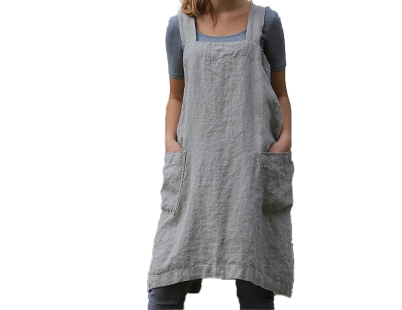 Cotton Linen Apron Cross Back Apron for Women with Pockets Pinafore Dress for Baking Cooking L-Grey