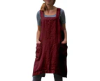 Cotton Linen Apron Cross Back Apron for Women with Pockets Pinafore Dress for Baking Cooking M-Red