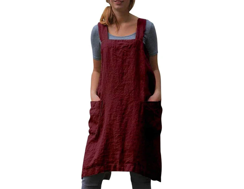 Cotton Linen Apron Cross Back Apron for Women with Pockets Pinafore Dress for Baking Cooking M-Red