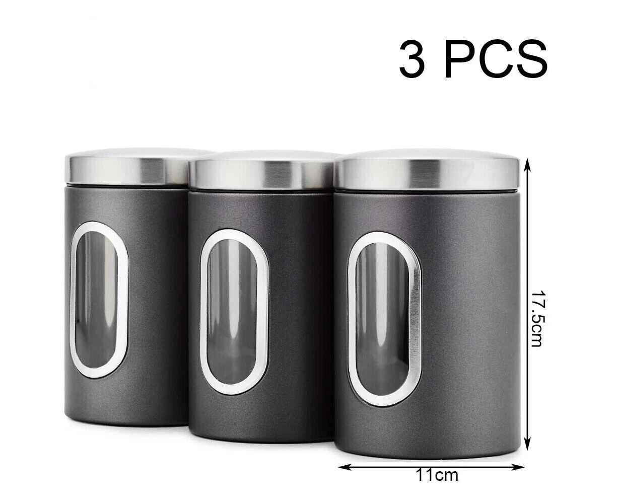 Oweite Set of 3 Tea Coffee Sugar Storage Canisters Stainless Steel Tea Sugar Canister Black Kitchen Food Container Tins Jars