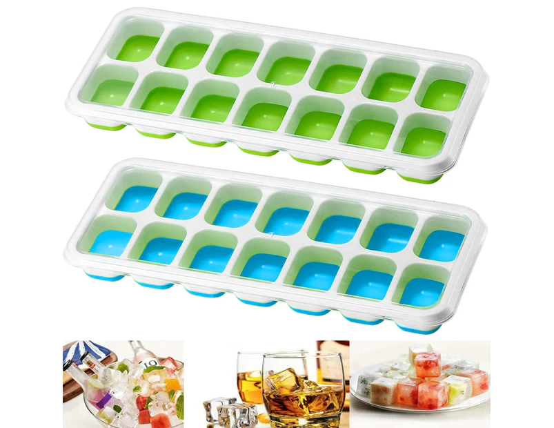 Ice tray mould,2Pcs Ice Tray Ice Mould-Blue+Green2 Ice Cube Trays Made Of Silicone With Lid, 14 Compartments With Lid