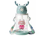 600ml Sport Water Bottle Lovely Antlers Large Capacity Portable Clear Straw Bottle Student Water Cup for Outdoor  - Green