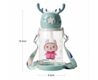 600ml Sport Water Bottle Lovely Antlers Large Capacity Portable Clear Straw Bottle Student Water Cup for Outdoor  - Green