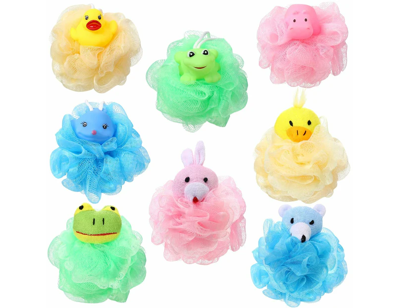 8 Pieces Bath Sponges Animal Kids Loofah Bath Pouf Mesh Bath Sponges Colorful Cartoon Body Shower Ball Spa Puff Scrubber for Kids (Cute Style)