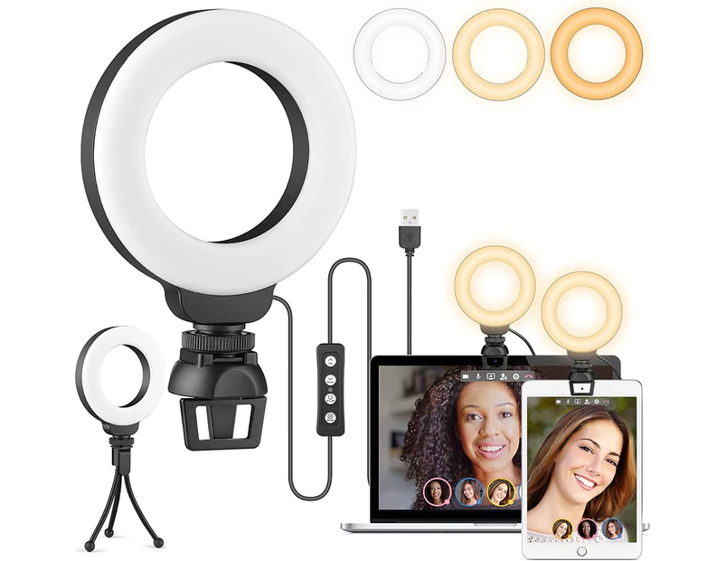4" Ring Light for Laptop with Stand, Conference Lighting Kit, 3 Light Modes Dimmable LED Ringlight for Meetings