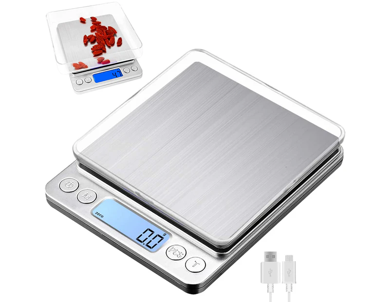USB rechargeable digital kitchen scale, digital scale 0.1g/3kg, electronic microscale, PSC/tare function/LCD display