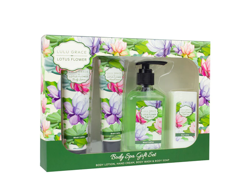 Lulu Grace Lotus Flower 4pc Body Care Gift Set Lotion Hand Cream Body Wash Soap