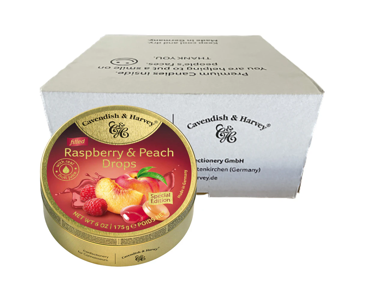 Cavendish and Harvey Raspberry & Peach Drops 175g Tin Sweets Candy Lollies x 10