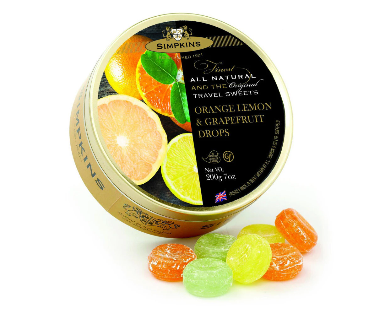 Simpkins Orange Lemon and Grapefruit Drops 200g Tin Sweets Candy Lollies