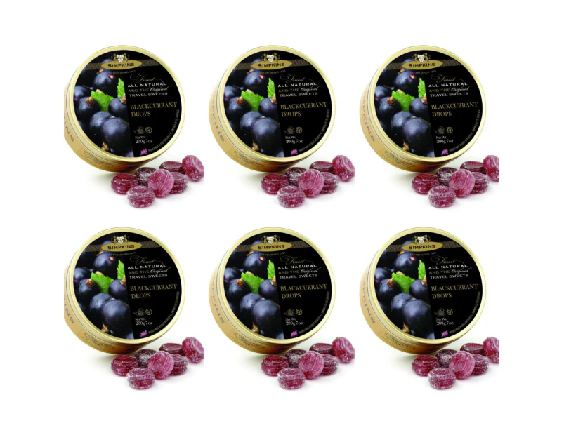 6 x Simpkins Black Currant Drops 200g Tin Sweets Candy Lollies