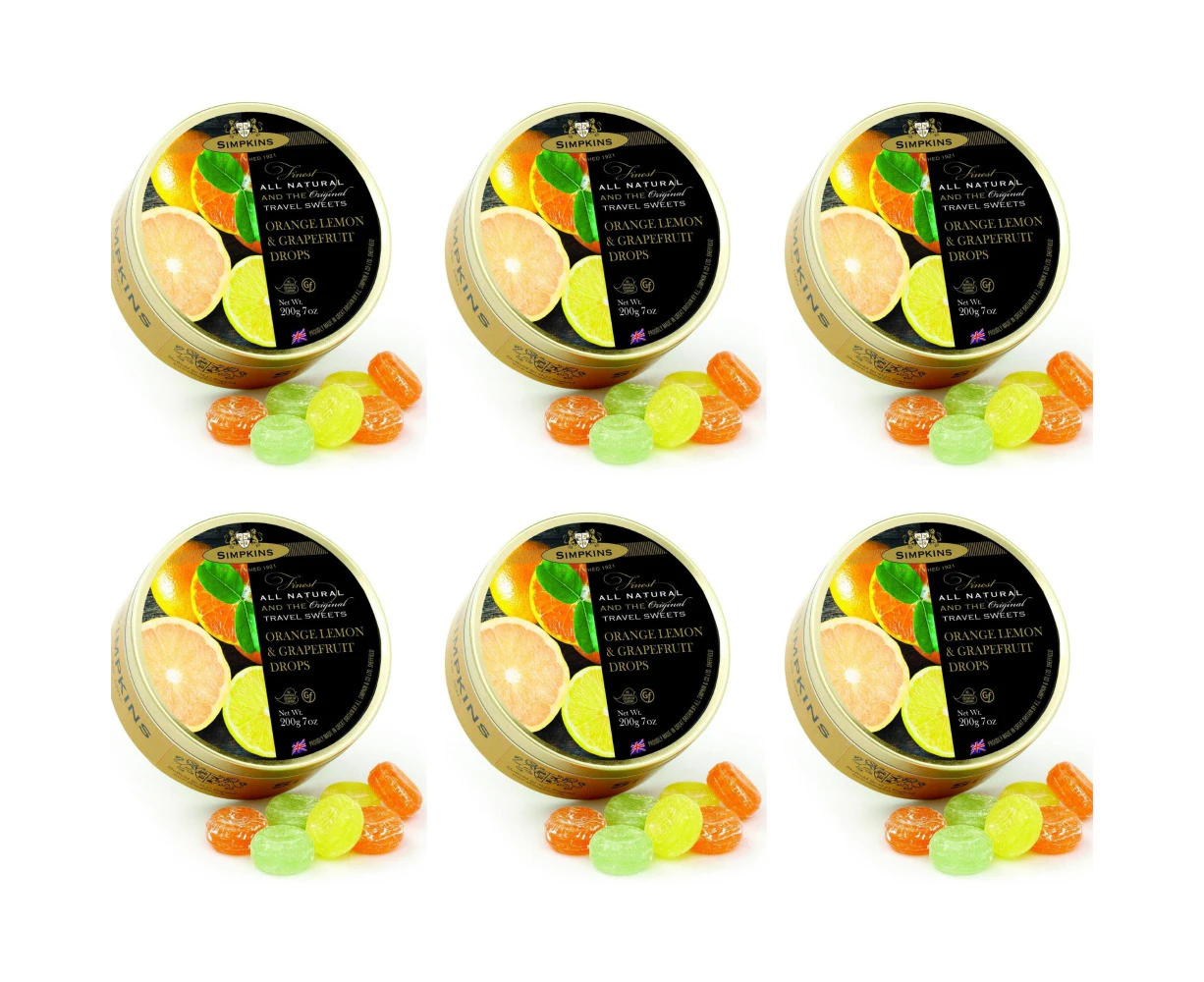 6 x Simpkins Orange Lemon and Grapefruit Drops 200g Tin Sweets Candy Lollies