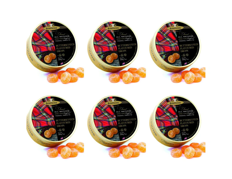 6 x Simpkins Butterscotch Flavoured Drops 200g Tin Sweets Candy Lollies