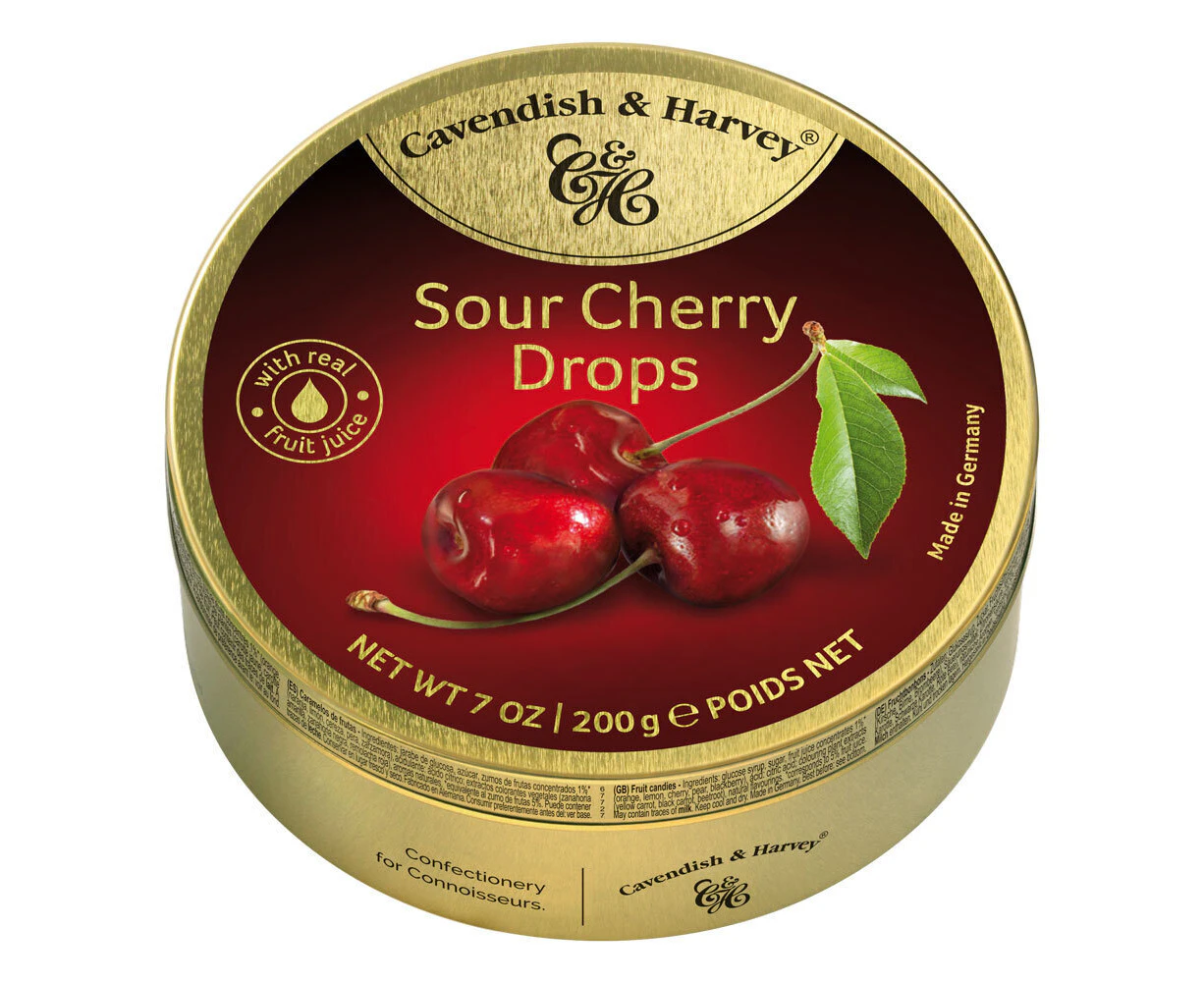 Cavendish and Harvey Sour Cherry Drops 200g Tin Sweets C&H Candy Lollies