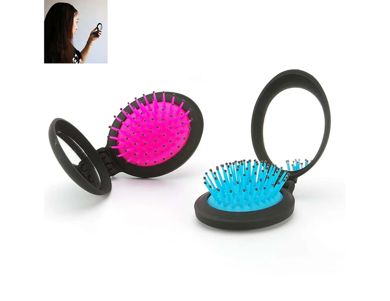 comb,2pcs With Mirror Folding Airbag Comb Blue + Rose Red2pcs Travel Folding Hair Brush with Mirror Pocket Comb Folding Mirror