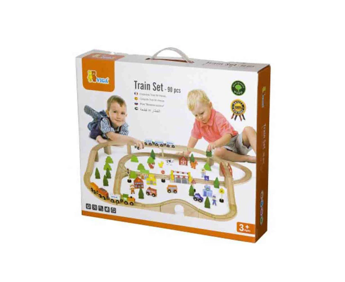 VIGA Wooden Pretend Play Toy 90pcs Train Set