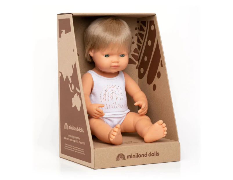 Miniland Educational Baby Doll Caucasian Boy Dark Blonde 38cm