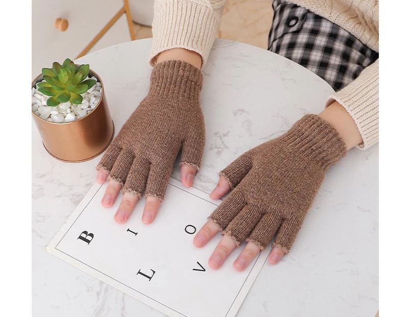 2 Pairs Fingerless Gloves Half Finger Mittens Winter Solid Color Knitted Typing Gloves for Boys and Girl-Light brown