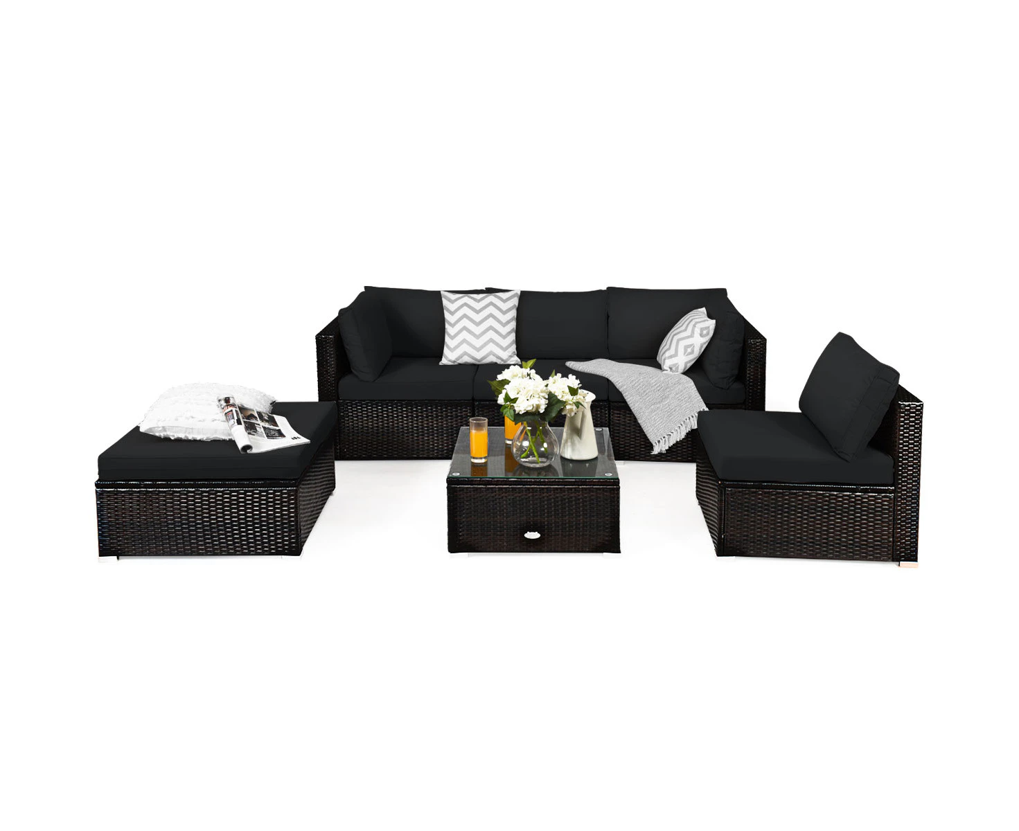 Costway 6PCS Outdoor Furniture Patio Rattan Sofa Set Lounge Couch Setting Garden Backyard Black