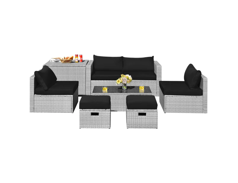 Costway 8pcs Outdoor Sofa Set All-weather Wicker Lounge Couch Patio Furniture w/Storage Box&Tempered Table Black