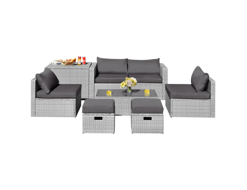 Costway 8pcs Outdoor Sofa Set All-weather Wicker Lounge Couch Patio Furniture w/Storage Box&Tempered Table Grey