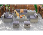 Costway 8pcs Outdoor Sofa Set All-weather Wicker Lounge Couch Patio Furniture w/Storage Box&Tempered Table Grey