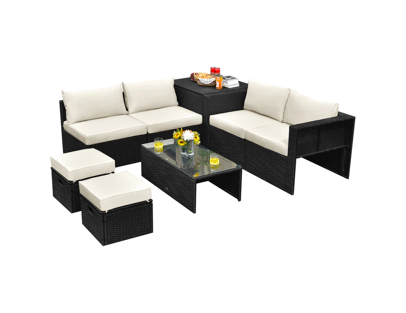 Costway 8pcs Outdoor Sofa Set All-weather Rattan Couch Patio Lounge Furniture Garden w/Storage Box&Tempered Table White