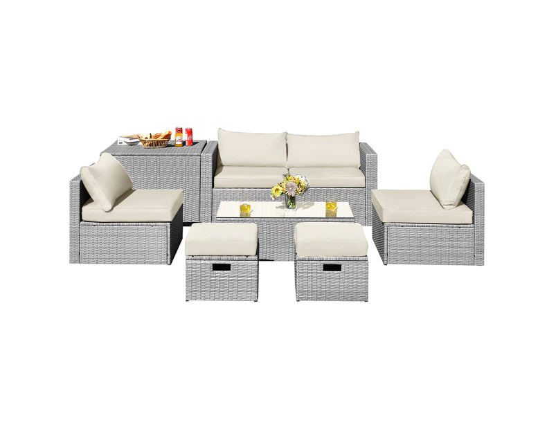 Costway 8pcs Outdoor Sofa Set All-weather Wicker Lounge Couch Patio Furniture w/Storage Box&Tempered Table White