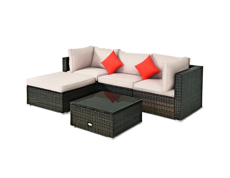 Costway 5PCS Patio Furniture Outdoor Rattan Sofa Lounge Set w/Cushions Glass Top Table Foot Pads Garden Backyard Beige