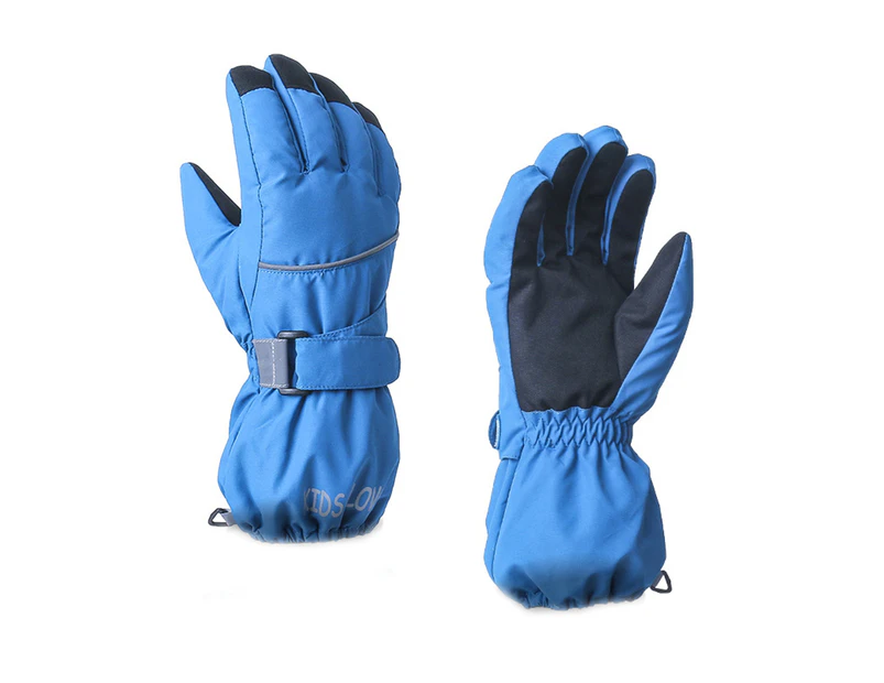 Kids Outdoor Five-fingers Solid Color Warm Riding Gloves Non-slip Ski Mittens - Blue C